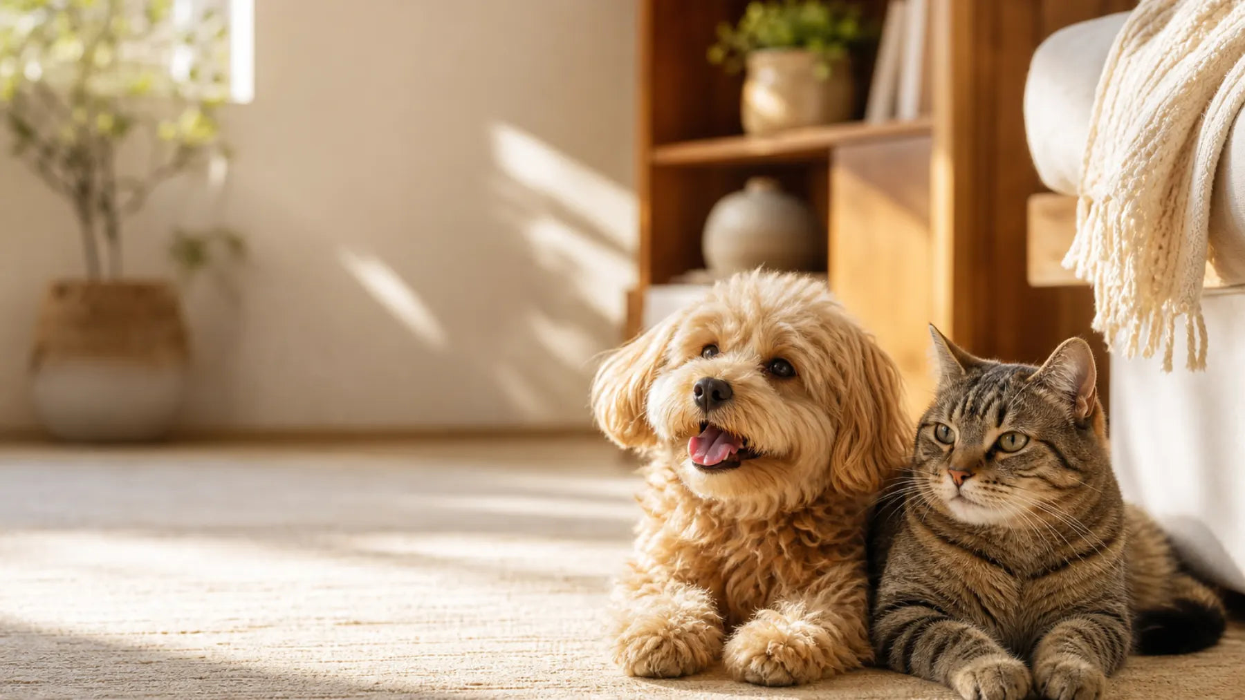 Un perro y un gato felices en casa